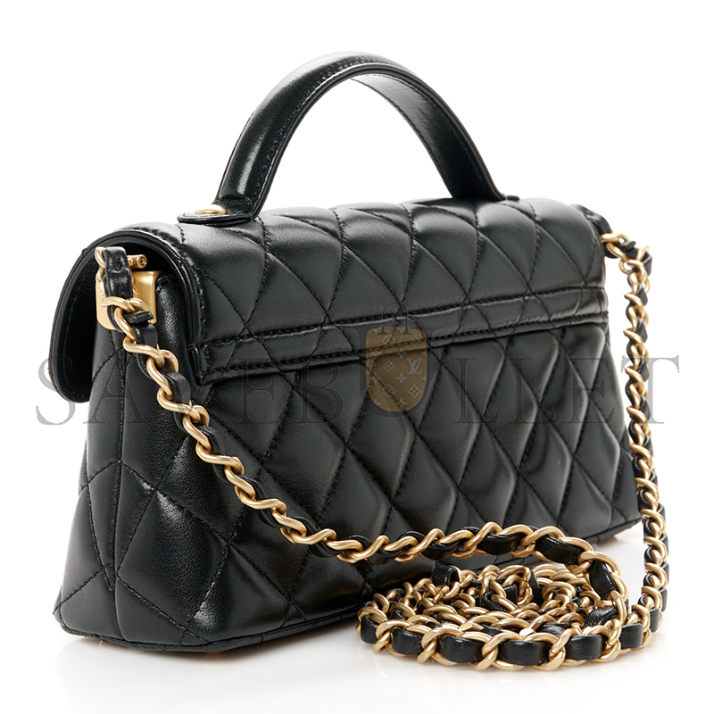 Ch*el lambskin quilted mini flap top handle bag black as5354 (22*11.5*6cm)